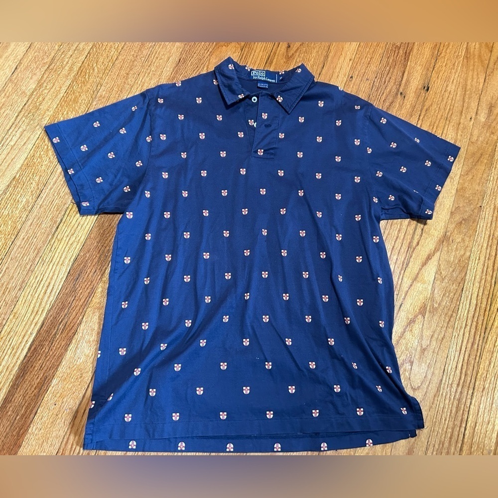 Ralph Lauren Polo Shirt Adult Medium Navy Allover Crest Print Fine Cotton Shirt